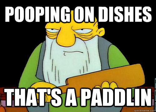 Pooping on dishes That's a paddlin  Thats a paddlin