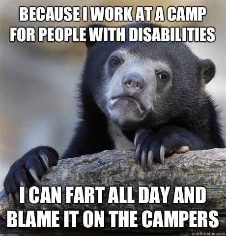 Because I work at a camp for people with disabilities I can fart all day and blame it on the campers  Confession Bear