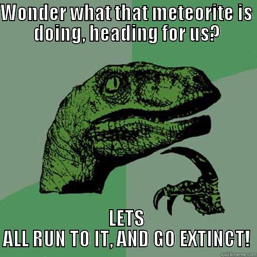 Extinction of Dinosaurs - WONDER WHAT THAT METEORITE IS DOING, HEADING FOR US? LETS ALL RUN TO IT, AND GO EXTINCT! Philosoraptor