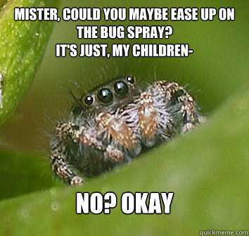 mister, could you maybe ease up on the bug spray? 
It's just, my children- no? okay  Misunderstood Spider