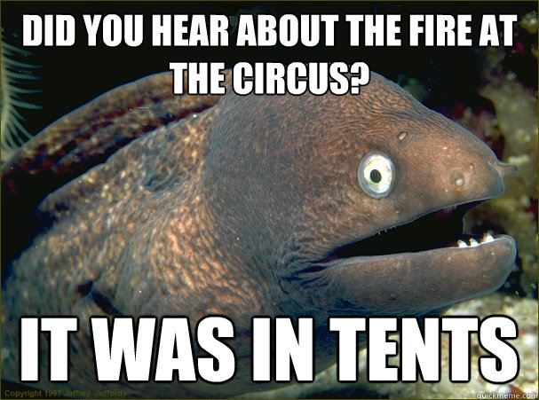 did you hear about the fire at the circus? it was in tents  Bad Joke Eel