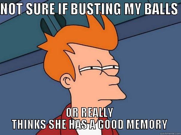 NOT SURE IF BUSTING MY BALLS  OR REALLY THINKS SHE HAS A GOOD MEMORY Futurama Fry