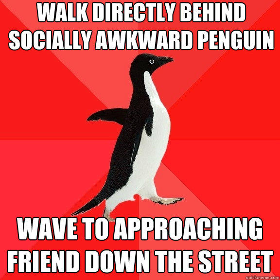 walk directly behind socially awkward penguin wave to approaching friend down the street  