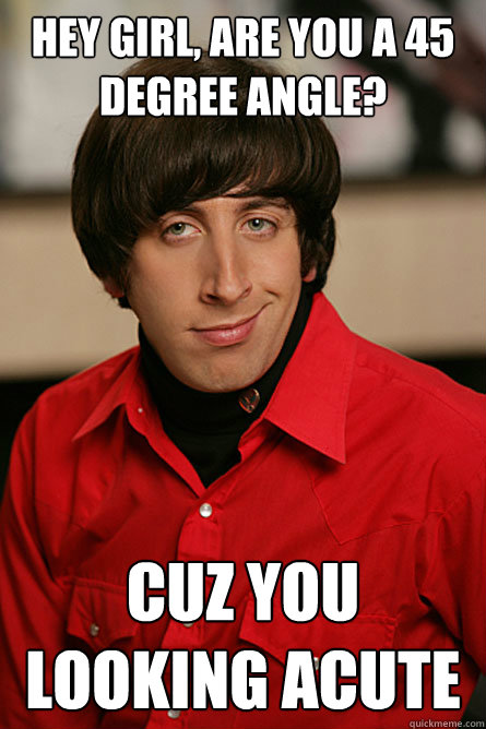 Hey girl, are you a 45 degree angle? cuz you looking acute  - Hey girl, are you a 45 degree angle? cuz you looking acute   Pickup Line Scientist