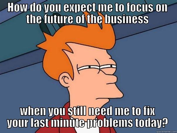 HOW DO YOU EXPECT ME TO FOCUS ON THE FUTURE OF THE BUSINESS WHEN YOU STILL NEED ME TO FIX YOUR LAST MINUTE PROBLEMS TODAY? Futurama Fry