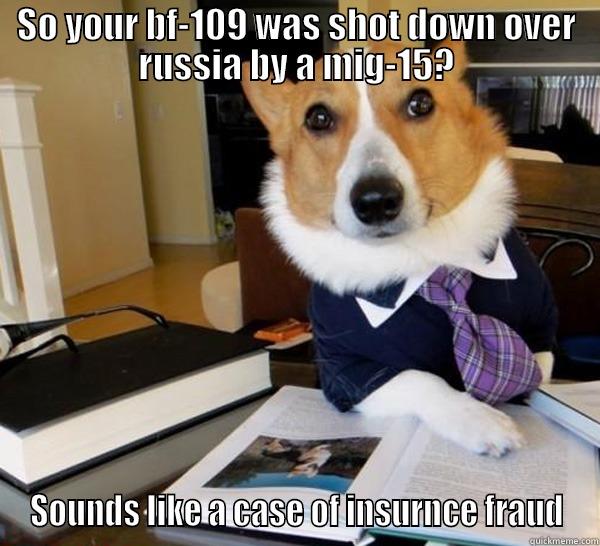 SO YOUR BF-109 WAS SHOT DOWN OVER RUSSIA BY A MIG-15? SOUNDS LIKE A CASE OF INSURNCE FRAUD Lawyer Dog