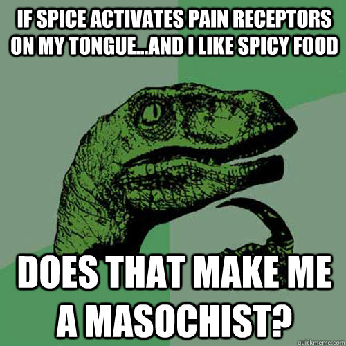 If spice activates pain receptors on my tongue...and I like spicy food Does that make me a masochist? - If spice activates pain receptors on my tongue...and I like spicy food Does that make me a masochist?  Philosoraptor