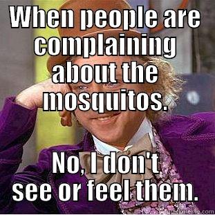 WHEN PEOPLE ARE COMPLAINING ABOUT THE MOSQUITOS. NO, I DON'T SEE OR FEEL THEM. Condescending Wonka