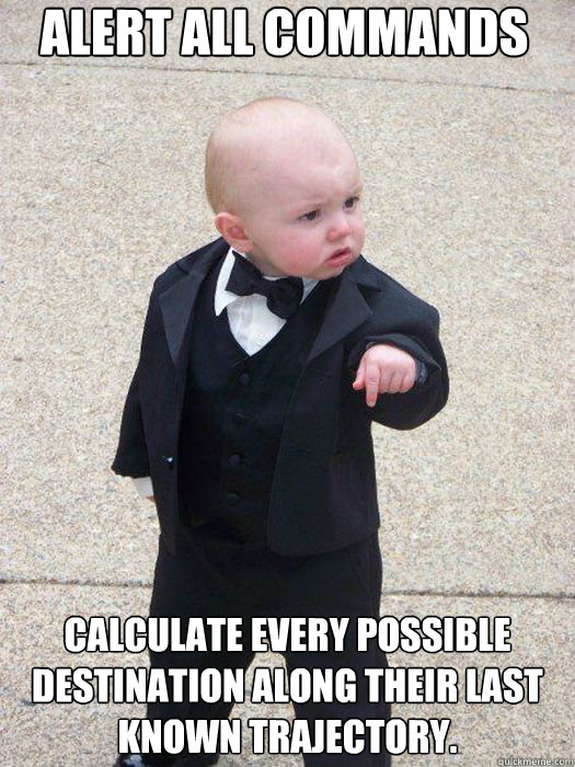 Alert all commands Calculate every possible destination along their last known trajectory.  Caption 3 goes here  Baby Godfather