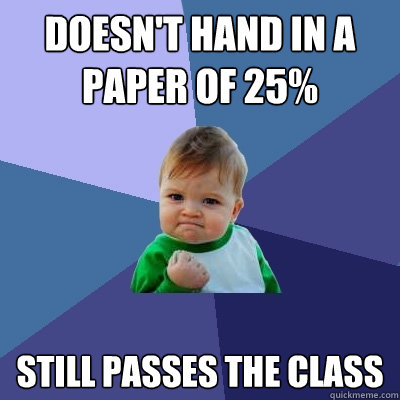 Doesn't hand in a paper of 25% still passes the class - Doesn't hand in a paper of 25% still passes the class  Success Kid