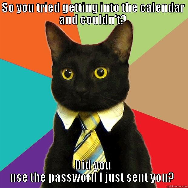 SO YOU TRIED GETTING INTO THE CALENDAR AND COULDN'T? DID YOU USE THE PASSWORD I JUST SENT YOU?  Business Cat