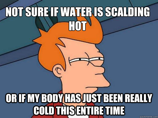 Not sure if water is scalding hot or if my body has just been really cold this entire time  Futurama Fry