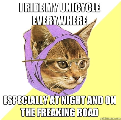 I Ride My Unicycle everywhere especially at night and on the freaking road  Hipster Kitty