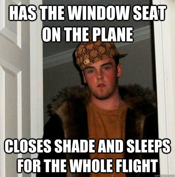 Has the window seat on the plane Closes shade and sleeps for the whole flight  