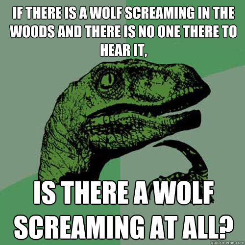 If there is a wolf screaming in the woods and there is no one there to hear it, is there a wolf screaming at all?  Philosoraptor