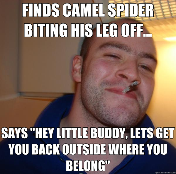 FINDS CAMEL SPIDER BITING HIS LEG OFF... SAYS 