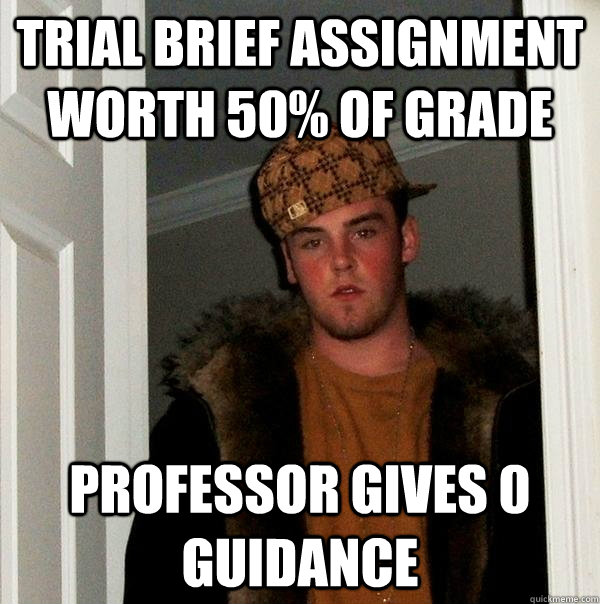 Trial Brief Assignment worth 50% of grade Professor gives 0 guidance   Scumbag Steve