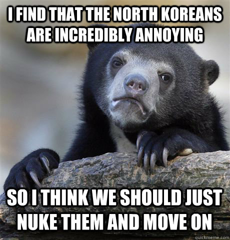 I find that the north koreans are incredibly annoying so i think we should just nuke them and move on  Confession Bear