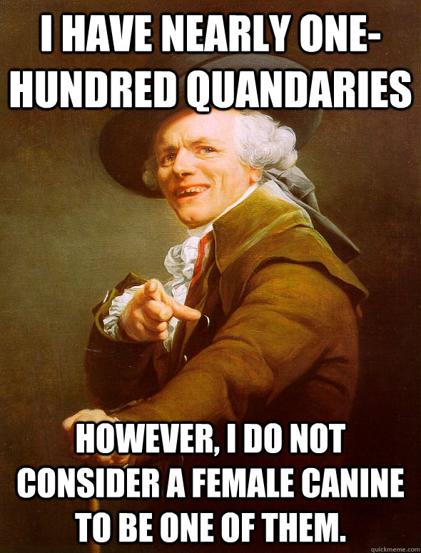 I have nearly one-hundred quandaries However, I do not consider a female canine to be one of them.  Joseph Ducreux