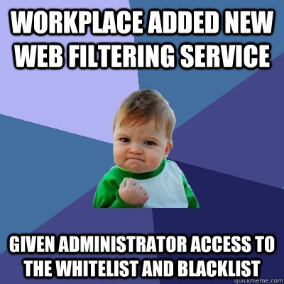 WORKPLACE ADDED NEW WEB FILTERING SERVICE GIVEN ADMINISTRATOR ACCESS TO THE WHITELIST AND BLACKLIST  Success Kid