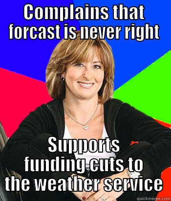 COMPLAINS THAT FORCAST IS NEVER RIGHT SUPPORTS FUNDING CUTS TO THE WEATHER SERVICE Sheltering Suburban Mom