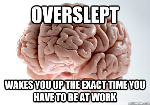 OVERSLEPT WAKES YOU UP THE EXACT TIME YOU HAVE TO BE AT WORK    Scumbag Brain