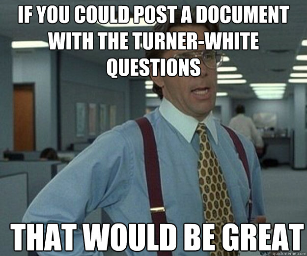 If you could post a document with the Turner-white questions THAT WOULD BE GREAT  that would be great