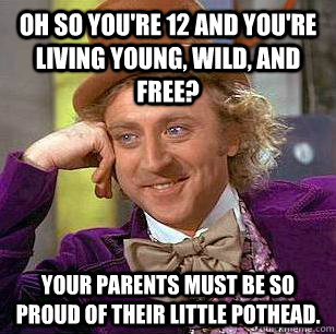 oh so you're 12 and you're living young, wild, and free? your parents must be so proud of their little pothead. - oh so you're 12 and you're living young, wild, and free? your parents must be so proud of their little pothead.  Condescending Wonka