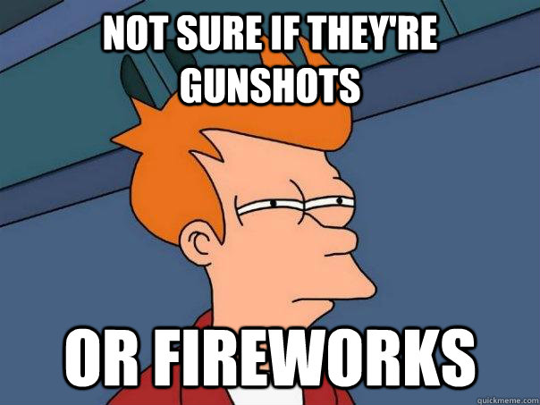 Not sure if they're gunshots or fireworks - Not sure if they're gunshots or fireworks  Futurama Fry