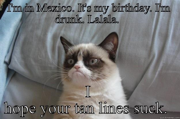 I'M IN MEXICO. IT'S MY BIRTHDAY. I'M DRUNK. LALALA.  I HOPE YOUR TAN LINES SUCK.  Grumpy Cat