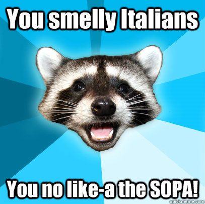 You smelly Italians You no like-a the SOPA!  Lame Pun Coon