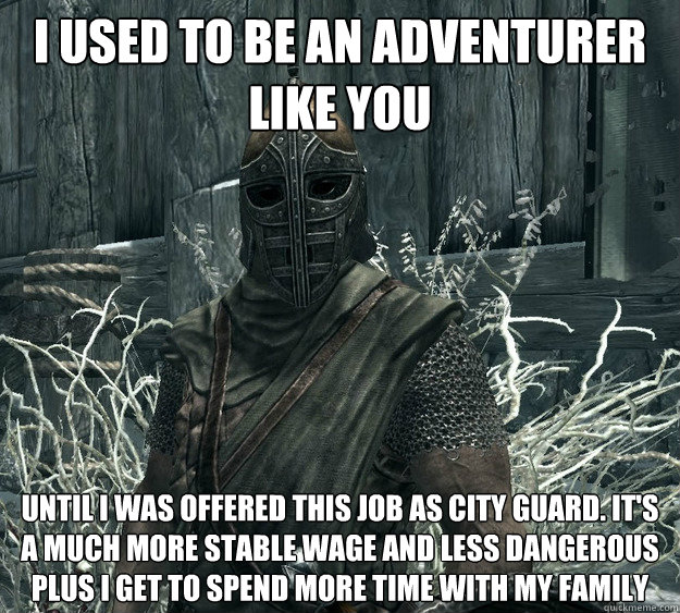 I used to be an adventurer like you until i was offered this job as city guard. it's a much more stable wage and less dangerous plus i get to spend more time with my family  