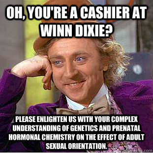 Oh, you're a cashier at Winn Dixie? Please enlighten us with your complex understanding of genetics and prenatal hormonal chemistry on the effect of adult sexual orientation. - Oh, you're a cashier at Winn Dixie? Please enlighten us with your complex understanding of genetics and prenatal hormonal chemistry on the effect of adult sexual orientation.  Condescending Wonka