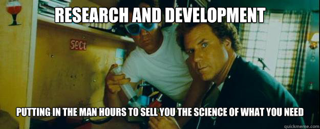 research and development putting in the man hours to sell you the science of what you need  Research and Development