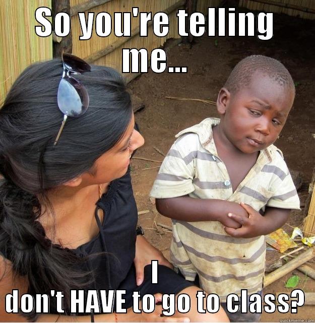 SO YOU'RE TELLING ME... I DON'T HAVE TO GO TO CLASS? Skeptical Third World Kid