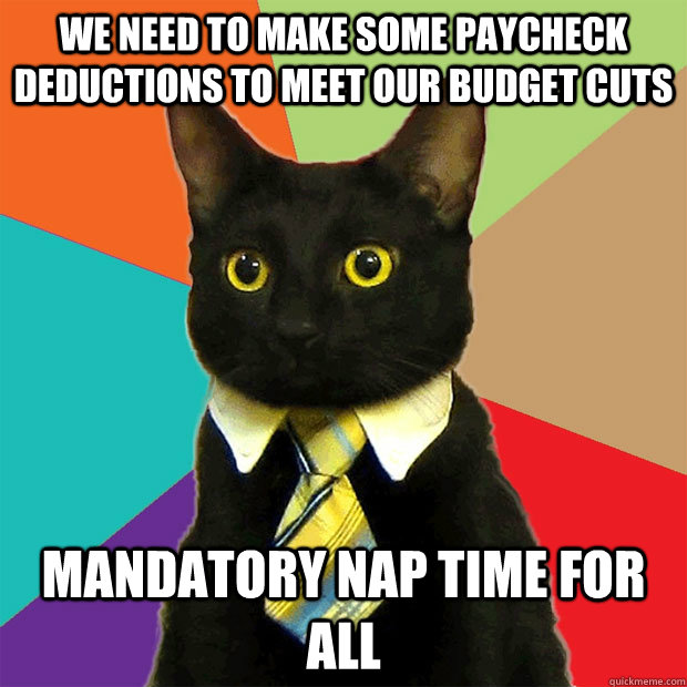 we need to make some paycheck deductions to meet our budget cuts mandatory nap time for all  Business Cat