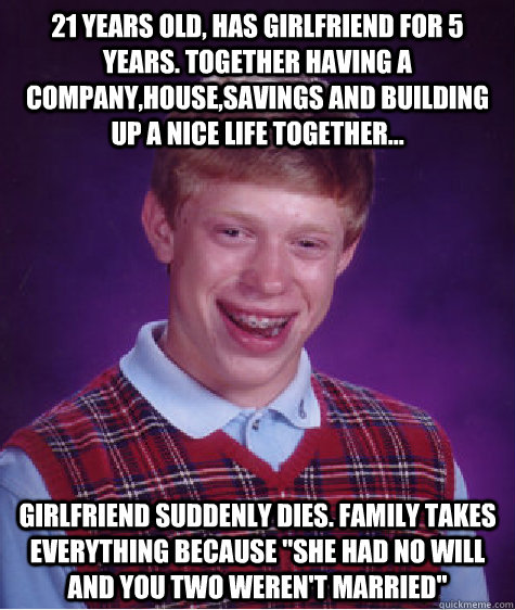 21 years old, has girlfriend for 5 years. Together having a company,house,savings and building up a nice life together... girlfriend suddenly dies. Family takes everything because 