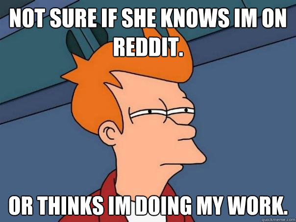 not sure if she knows im on reddit. Or thinks im doing my work. - not sure if she knows im on reddit. Or thinks im doing my work.  Futurama Fry