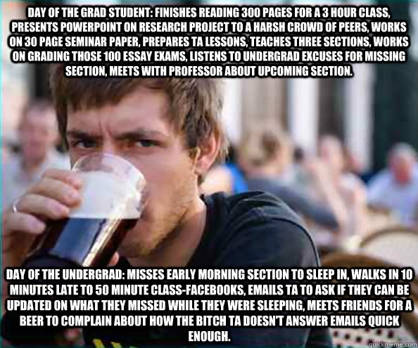 Day of the Grad student: finishes reading 300 pages for a 3 hour class, presents powerpoint on research project to a harsh crowd of peers, works on 30 page seminar paper, prepares TA lessons, teaches three sections, works on grading those 100 essay exams,  Lazy College Senior