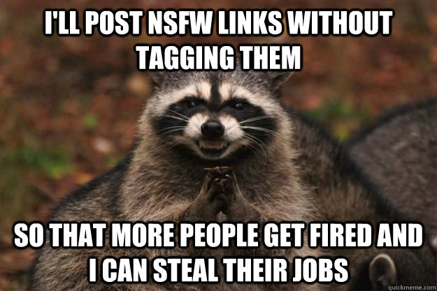 I'll post nsfw Links without tagging them so that more people get fired and i can steal their jobs  Evil Plotting Raccoon