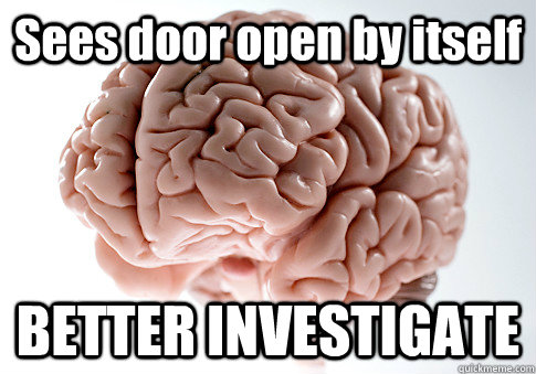 Sees door open by itself BETTER INVESTIGATE   Scumbag Brain