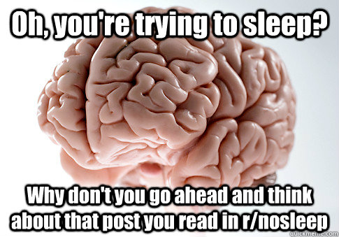 Oh, you're trying to sleep? Why don't you go ahead and think about that post you read in r/nosleep  Scumbag Brain