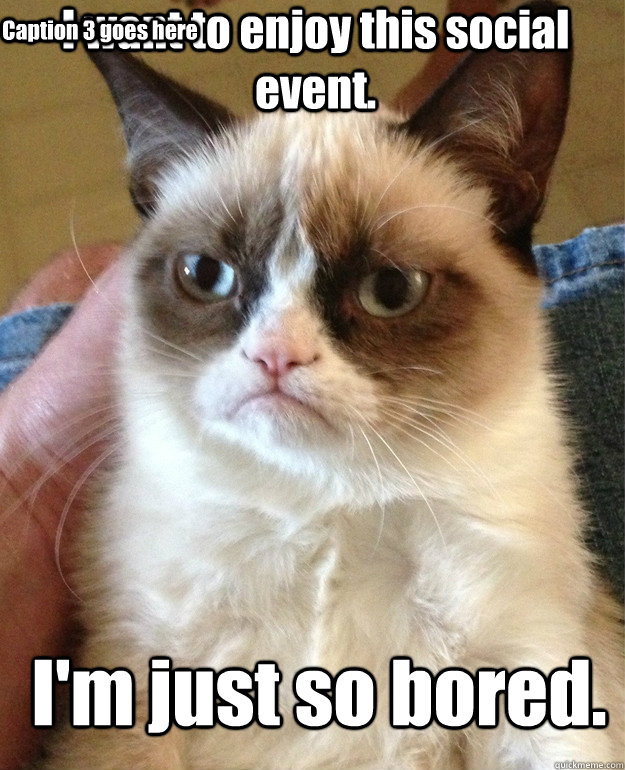 I want to enjoy this social event. I'm just so bored. Caption 3 goes here  Grumpy Cat