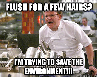 flush for a few hairs? i'm trying to save the environment!!!  Chef Ramsay