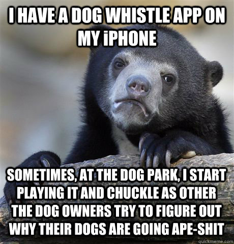 I HAVE A DOG WHISTLE APP ON MY iPHONE SOMETIMES, AT THE DOG PARK, I START PLAYING IT AND CHUCKLE AS OTHER THE DOG OWNERS TRY TO FIGURE OUT WHY THEIR DOGS ARE GOING APE-SHIT   Confession Bear