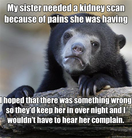 My sister needed a kidney scan because of pains she was having I hoped that there was something wrong so they'd keep her in over night and I wouldn't have to hear her complain.  Confession Bear