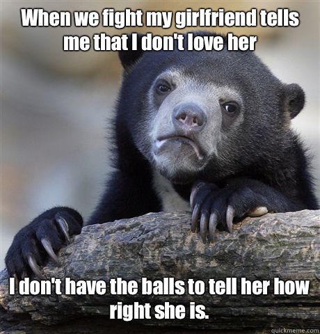 When we fight my girlfriend tells me that I don't love her I don't have the balls to tell her how right she is.   Confession Bear