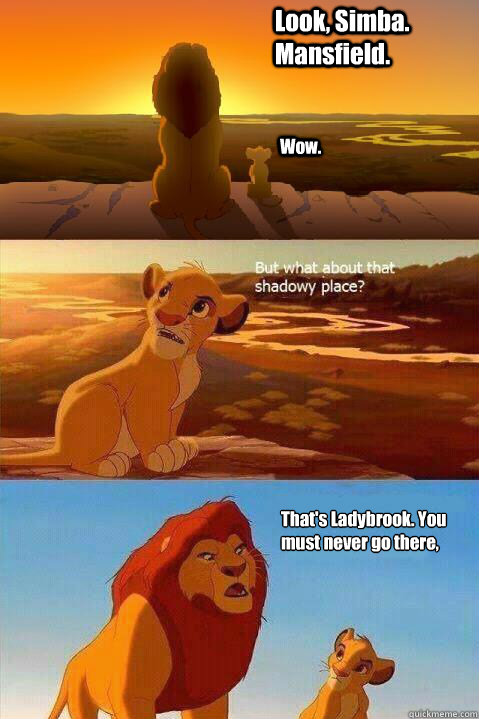 Look, Simba. Mansfield.  Wow. That's Ladybrook. You must never go there, Simba.   Lion King Shadowy Place