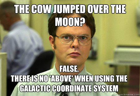 the cow jumped over the moon? False.
there is no 'above' when using the Galactic Coordinate system  Dwight