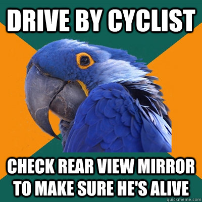 Drive by cyclist Check rear view mirror to make sure he's alive  Paranoid Parrot